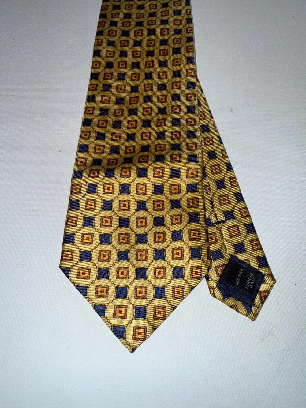 Jos. A. Bank Yellow Geometric Silk Tie with Blue and Brown Accents